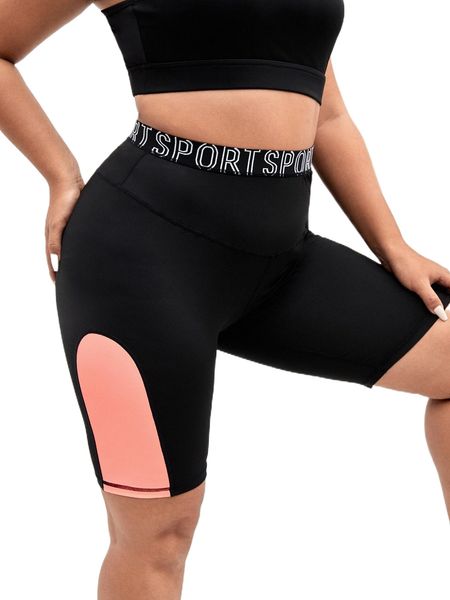 

plus two tone contrast letter tape sports biker shorts w77a#, Black
