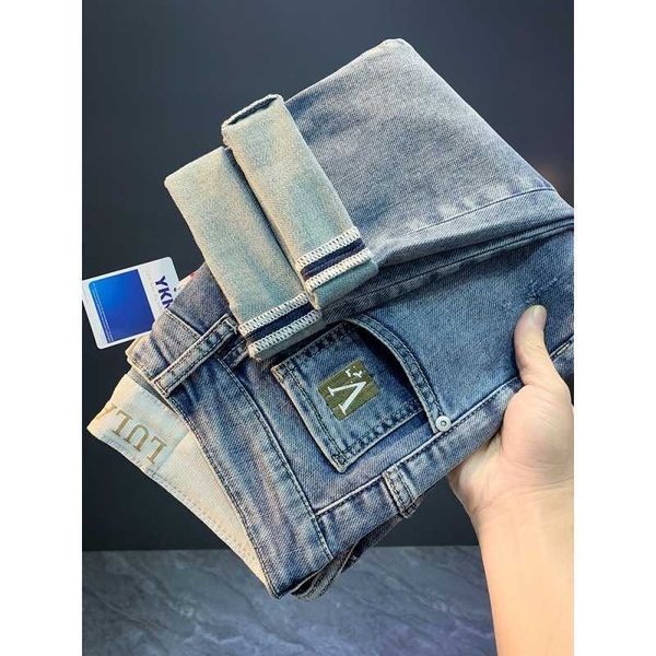 

men's jeans spring 2022 new trend slim fit leggings embroidered korean ins elastic capris, Blue