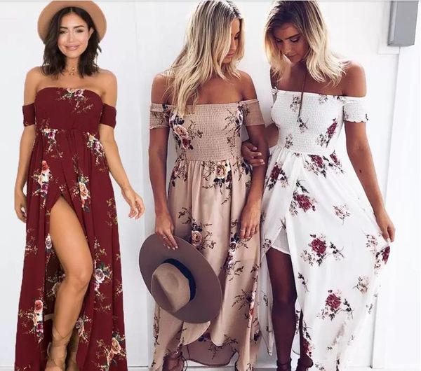 

party dresses women off shoulder floral print boho dress beach summer ladies strapless long maxi vestidos female, White;black