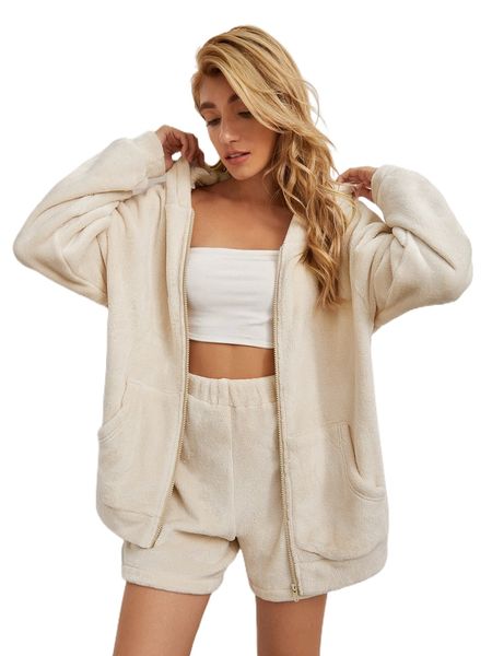 

furry zip-up hoodie & shorts lounge set 779c#, Black;red