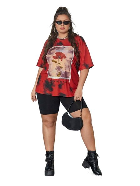 

plus floral & slogan graphic tie dye drop shoulder tee a9hs#, Black
