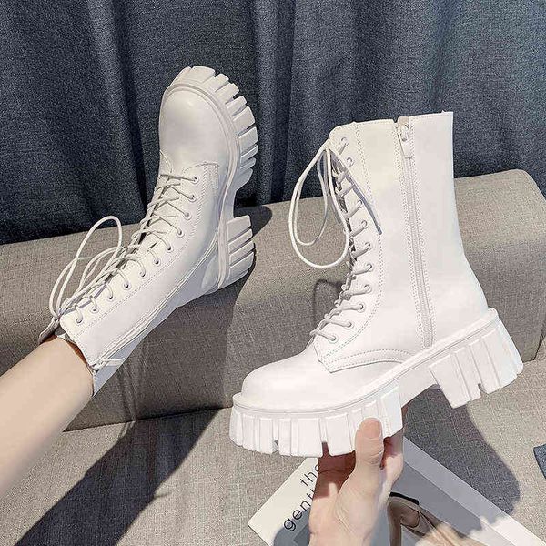 

rimocy white pu leather ankle boots for women 2022 fashion lace up chunky shoes woman autumn winter platform motorcycle boots y220707, Black
