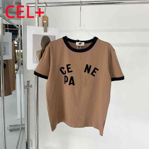 

75% off factory direct online 22 spring and summer new fashion cel women's tan black contrast cotton round neck printed t-shirt simple, White