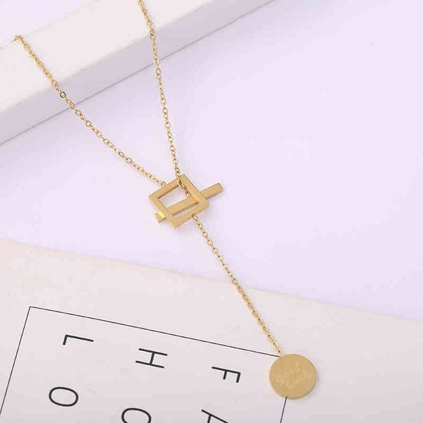 

design hollow out square necklace steel tassel neck chain bone cold wind, Silver