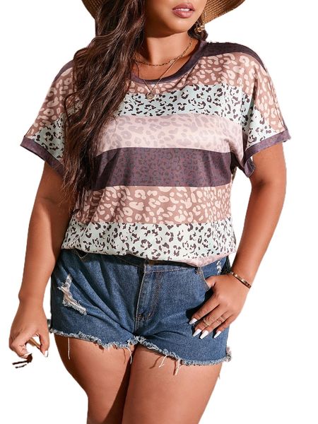 

plus colorblock leopard batwing sleeve tee e1zt#, Black