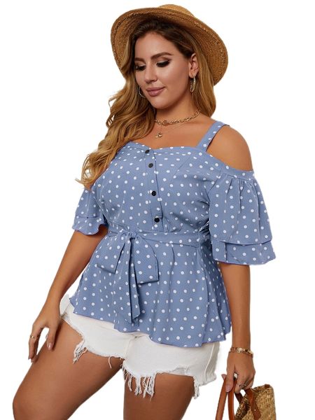 

plus cold shoulder polka dot belted blouse h8j7#, Black