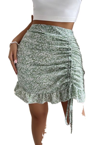 

ditsy floral ruched tie front ruffle hem skirt q34s#, Black