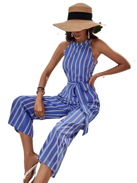 

s.triped slant p.ocket z.ip back b.elted j.umpsuit 49xh#, Black;white