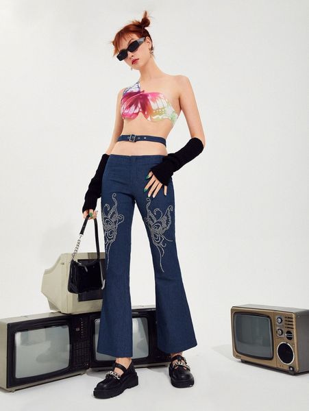 

rhinestone butterfly pattern cut out waist flare leg pants s9nb#, Black;white