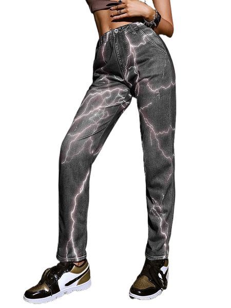 

lightning & pocket print chambray pants h4fu#, Black;white