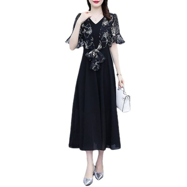 

plants embroidery flounce sleeve chiffon dress k1h3#, Black;gray
