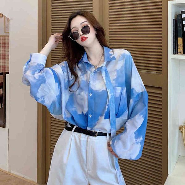 

bf rendering blouse women korean harajuku loose blue sky white clouds tiedye gradient blouse oversize shirt long sleeve shirt 210412