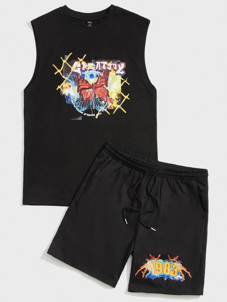 

men butterfly & letter graphic tank and drawstring waist shorts z0yl#, Gray