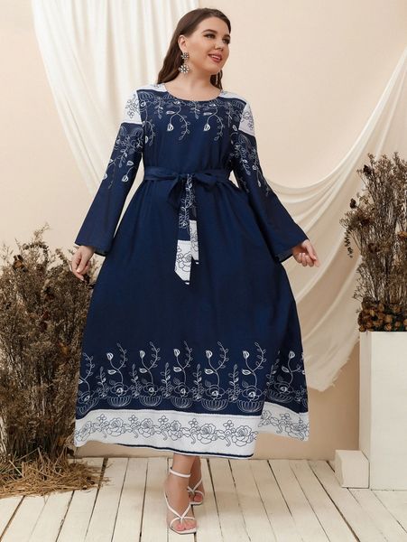 

plus floral print belted dress h90m#, Black
