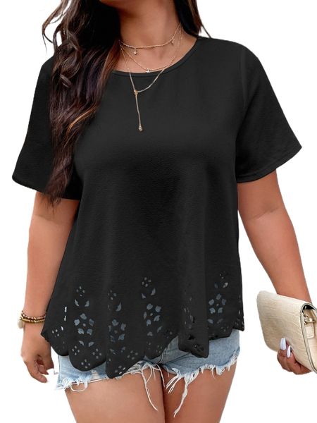 

plus laser cut out blouse 61ho#, Black