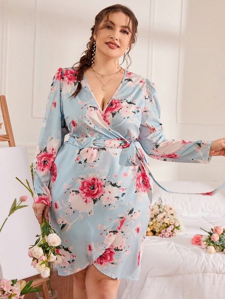 

plus floral print wrap hem grommet detail belted dress x6bg#, Black