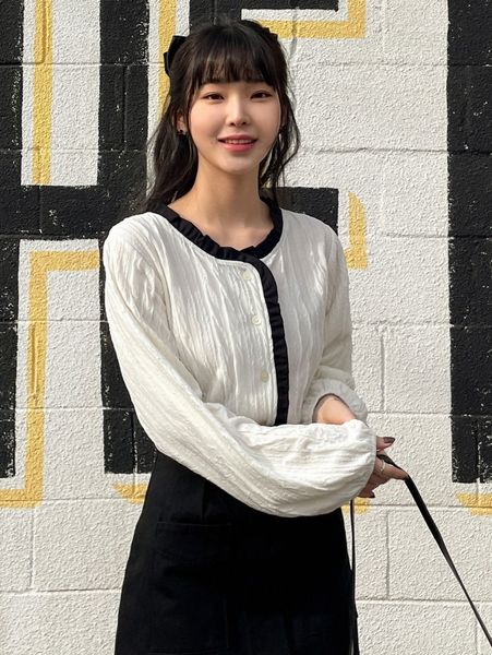 

dazy contrast frill trim lantern sleeve blouse x2t0#, White