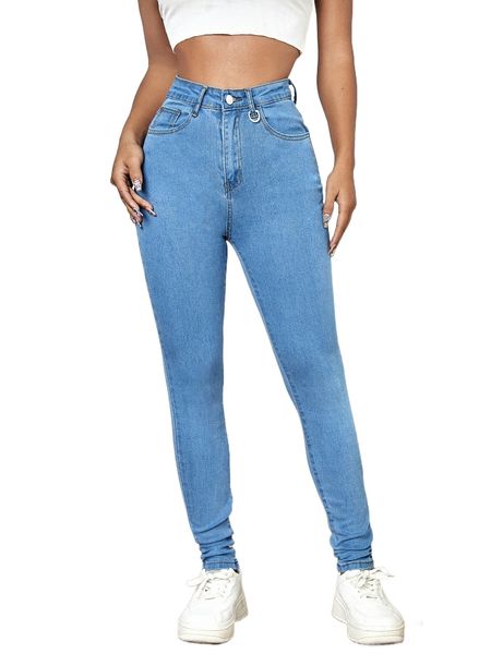 

high waisted zip fly skinny jeans 03df#, Blue