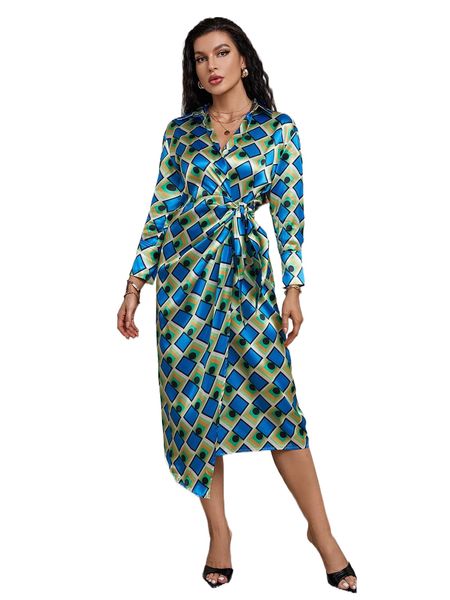 

allover geo print tie side wrap dress w6fp#, Black;gray