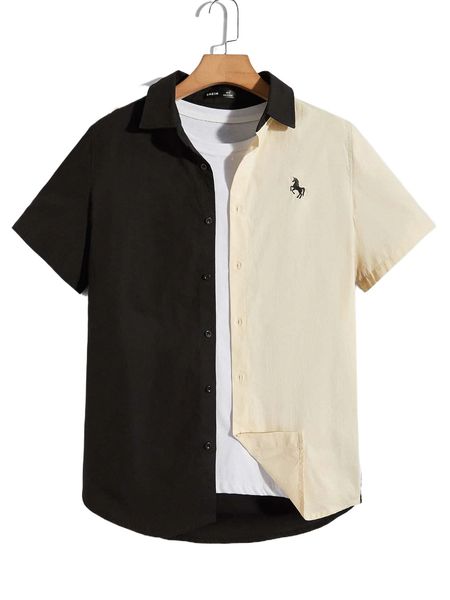 

men embroidery unicorn curved hem colorblock shirt without tee n5hn#, White;black