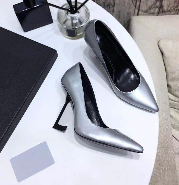 

designer pointed leather shoe metal heel dress shoes bar party dance thick heel high heels 100% cowhide black women 10cm high-heeled boat sh