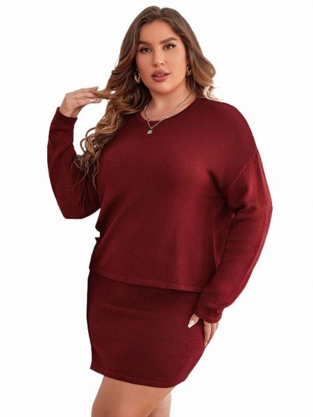 

plus drop shoulder sweater & split hem knit skirt c4xs#, Black