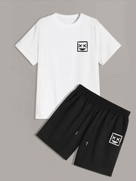 

men expression print tee & drawstring waist shorts t9fv#, Gray