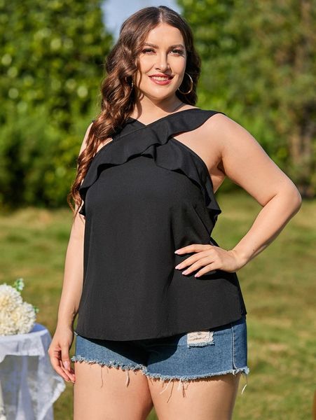 

plus ruffle trim solid y9uk#, Black