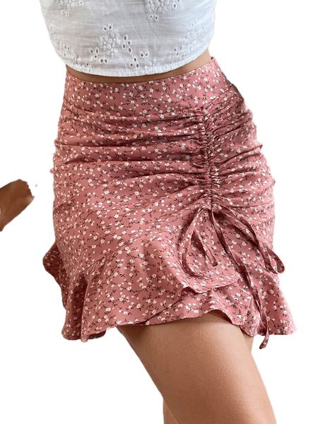 

ditsy floral ruffle hem drawstring detail skirt m2gw#, Black