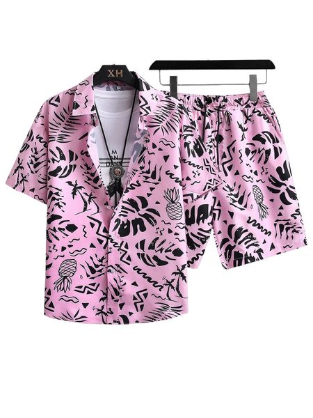 

men tropical print shirt & drawstring waist shorts without tee o316#, Gray