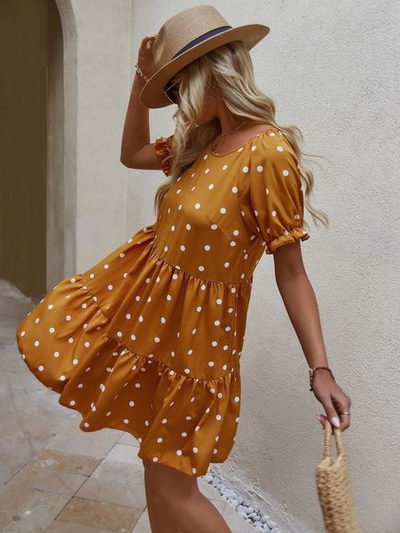 

polka dot print ruffle hem dress u5et#, Black;gray