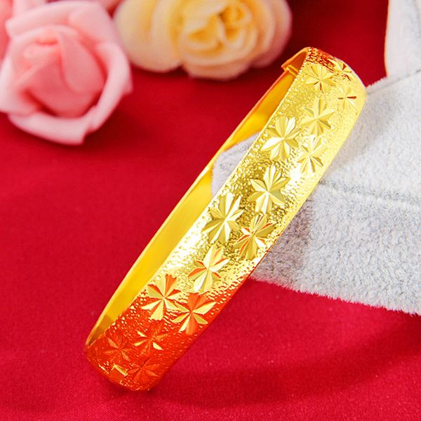 

10mm wide star carved women bangle solid classic bracelet for women 18k yellow gold filled trendy lady jewelry birthday gift, Black