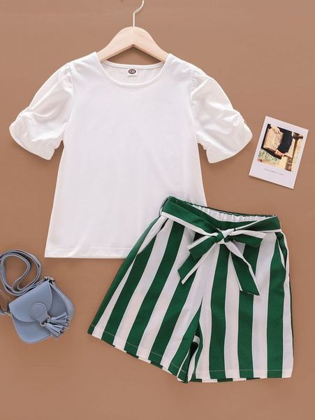 

girls ruched sleeve tee & colorblock belted shorts she, White