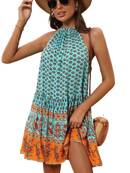 

floral & paisley print tie back halter dress i2pd#, Black;gray