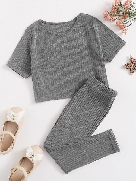 

little girl rib knit plain t-shirt and leggings she01, White
