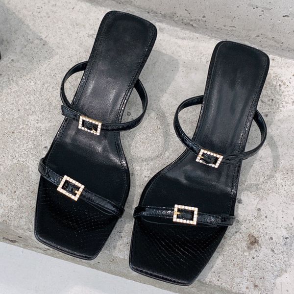 

nuit lacquered snakeskin mules sandals high heels new square toe cat heel mules two adjustable laces with crystal buckle elegant and extrava, Black