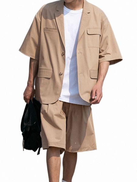 

men flap pocket lapel collar shirt & shorts a9as#, Gray