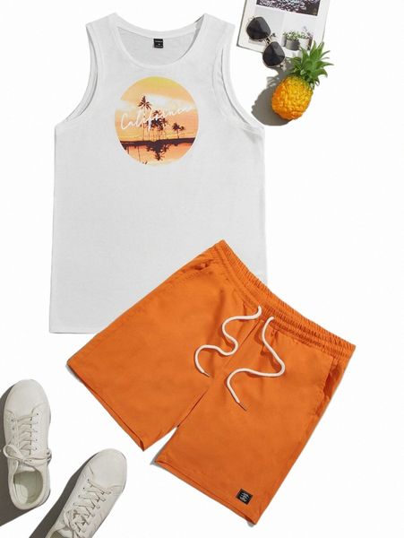 

men scenery & letter graphic tank & drawstring waist shorts m80e#, Gray