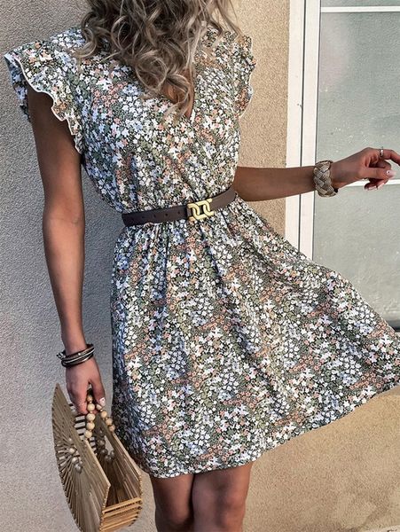 

ditsy floral ruffle trim plunging neck dress without belt e9n1#, Black;gray