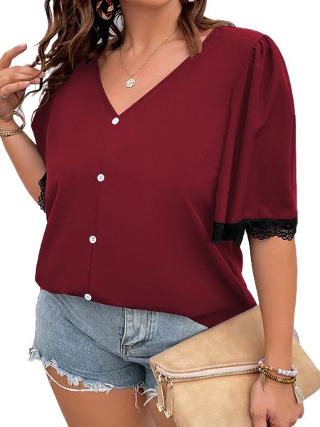 

plus fake buttons lace trim blouse 34ay#, Black