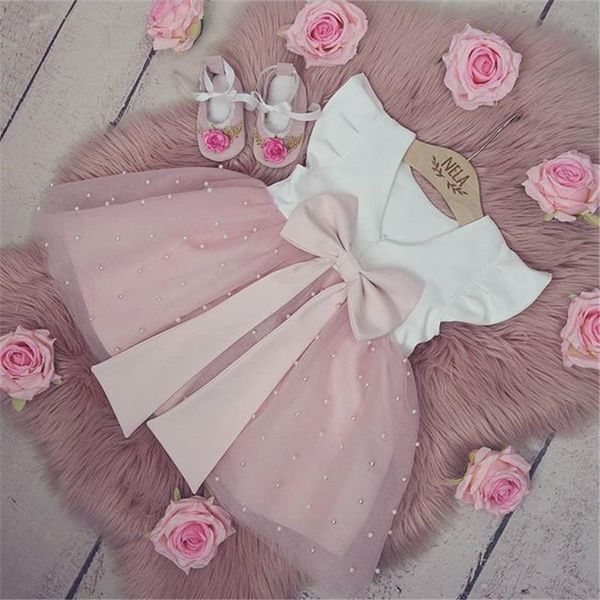 

0-5y summer princess infant baby girls dress ruffles sleeve solid pearl lace patchwork back bowknot tutu, Red;yellow