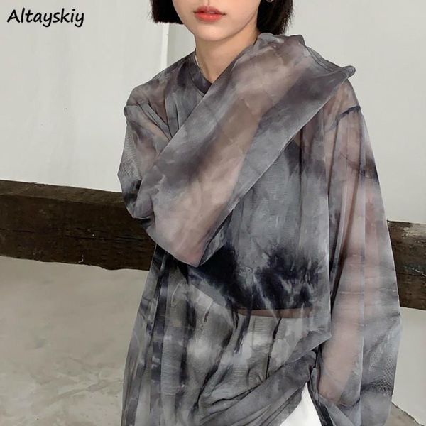 

long sleeve t-shirts women t shirts spring chic dye design mesh harajuku vintage ladies ulzzang retro high street teens, White