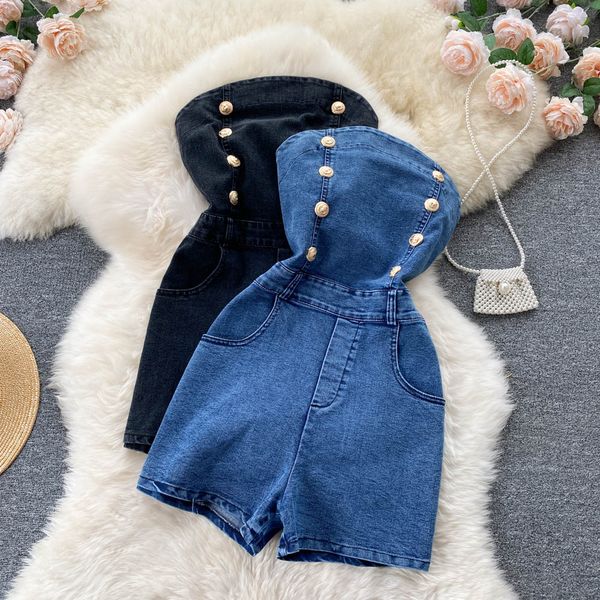 

summer vintage denim short romper women elegant sleeveless bodycon backless club rompers&playsuits bodysuit woman 2022, Black;white