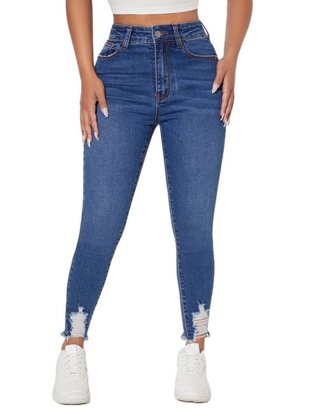 

petite high waist ripped raw cut skinny jeans r2jg#, Blue
