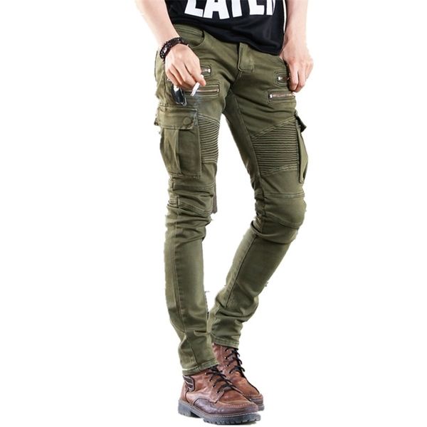 Verde Preto Denim Biker Jeans Homens Skinny Runway Afligido Magro Elástico Homme Hip Hop Militar Motocicleta Carga Calças 220408