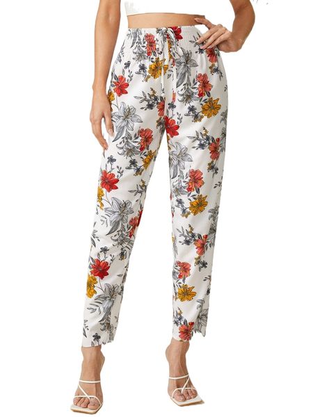 

shirred waist floral pants n9na#, Black;white