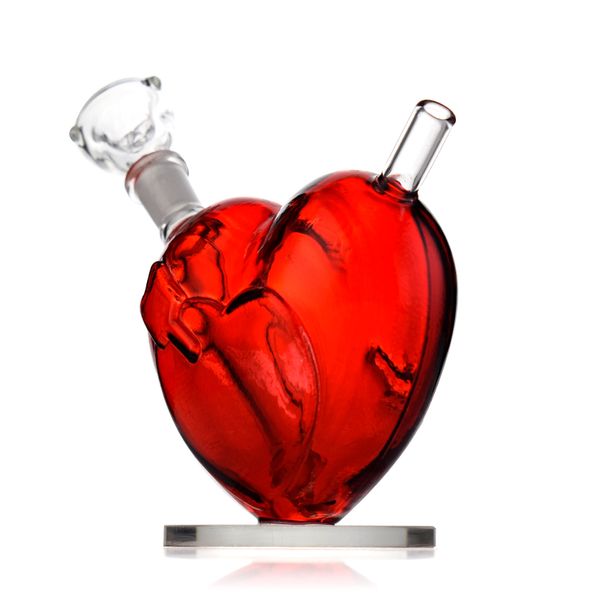 Cachimbo de água vermelho em formato de coração de 3,6 polegadas - haste inferior difusa com fenda, junta fêmea de 10 mm