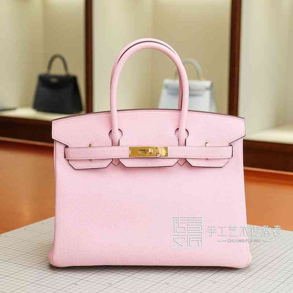

high version birkins bags women's manual wax thread sewing real leather togo leather 3q cherry blossom powder bk30cm gold buckle