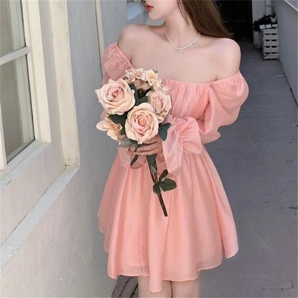 Abito da principessa elegante rosa dolce Abito da fata a maniche lunghe casual coreano sottile da donna Abito vintage design senza schienale femminile 220316