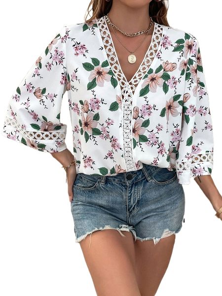 

floral print guipure lace panel blouse o3qz#, White